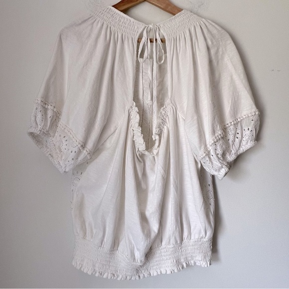 Porridge White Eyelet Embroidery Anglaise Smocked Boho Coastal Back-Tie Top M - Picture 11 of 16